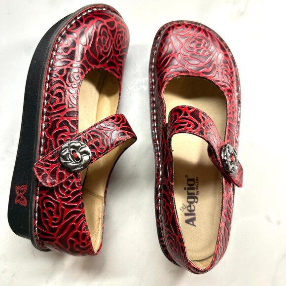 Alegria Shoes - Alegria Paloma Mary Jane Leather Shoes Red Embossed Rose Women's Size 40 EU